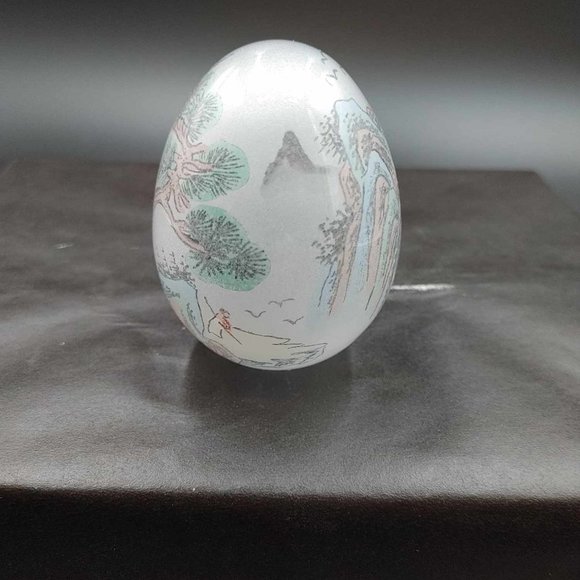 Vintage Reverse Hand Painted Glass Egg Japanese Scene Mountain Tree - No Stand - Picture 6 of 9